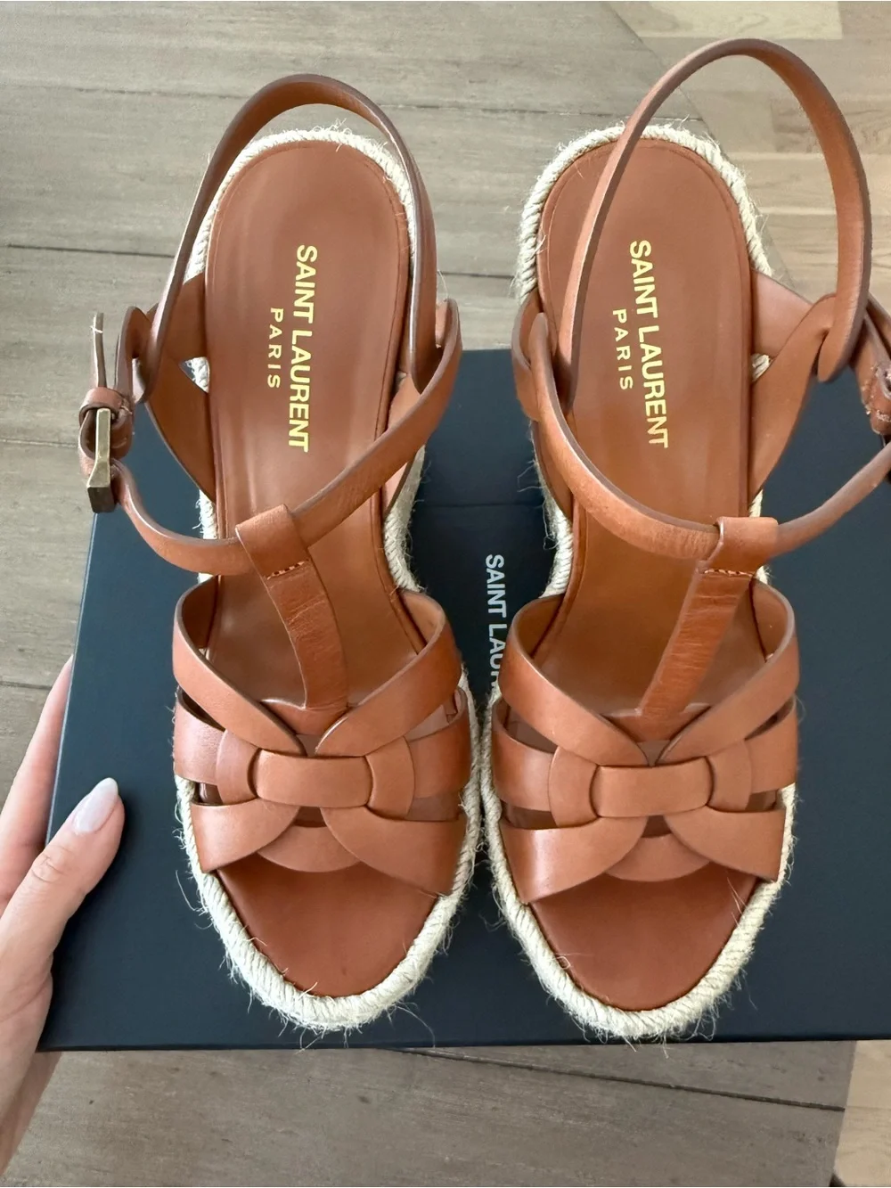 Saint Laurent Tan Leather Espadrille Wedge Sandals